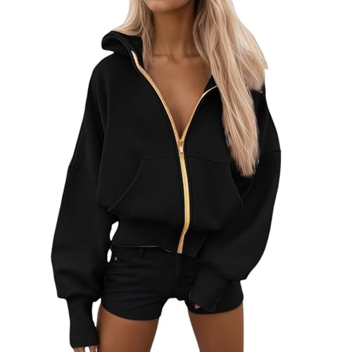 Generisch Sweatjacke Damen Mit Kapuze Oversize Y2K Sweatshirt Jacke Große Größen Zipper Hoodie Ausgefallene Herbst Sportjacke Kapuzenjacke Teenager Mädchen,Schwarz,XL von Generisch