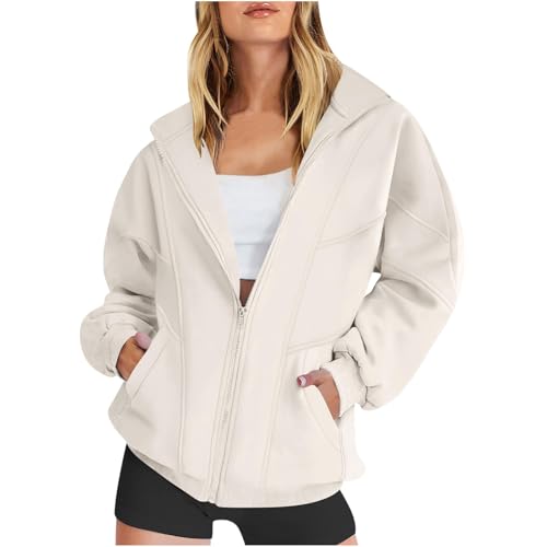 Guhmomh Sweatjacke Damen Strickjacke Übergangsjacke Jacke Pullover Sweatshirt mit Tasche Freizeit Einfarbig Winterjacke Oberteile Blusenjacke Lässig Thermoshirts Casual Reißverschluss Mantel Beige M von Generisch