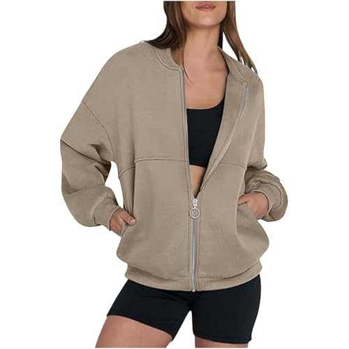 Guhmomh Sweatjacke Damen Strickjacke Übergangsjacke Jacke Pullover Sweatshirt mit Tasche Freizeit Einfarbig Winterjacke Oberteile Blusenjacke Lässig Thermoshirts Casual Reißverschluss Mantel Khaki L von Generisch