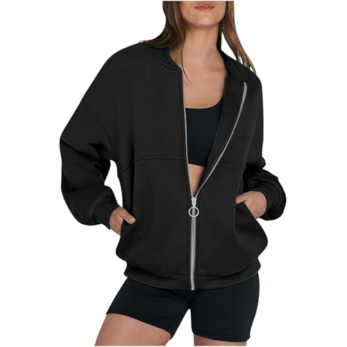 Generisch Sweatjacke Damen Strickjacke Übergangsjacke Jacke Pullover Sweatshirt mit Tasche Freizeit Einfarbig Winterjacke Baumwolle Oberteile Reißverschluss Mantel Sale Angebote Schwarz XXL von Generisch