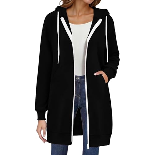 Generisch Sweatjacke Damen lang Sweatjacke mit Kapuze Lang Zipper Hoodie Winterjacke Winter Herbst Übergangsjacke Casual Einfarbig Kapuzenjacke Locker Kapuzenpullover Zipper Hoodie von Generisch