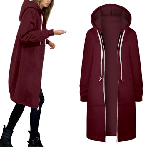 Generisch Sweatjacke Damen mit Kapuze, Oversized Pullover mit Reißverschluss Lang Übergangsjacke Langarm Mantel Zip Hoodie Herbst Sweatshirt Kapuzenjacke Trainingsjacke Hoody Kapuzenpullover, S-5XL von Generisch