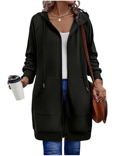 Generisch Sweatjacke Damen mit Kapuze Fleecejacke Zipper Hoodie Lange Jacke Leicht Übergangsjacke Elegant Einfarbig Kapuzenjacke mit Taschen Strickjacke Sweatshirt (Schwarz, XXL) von Generisch