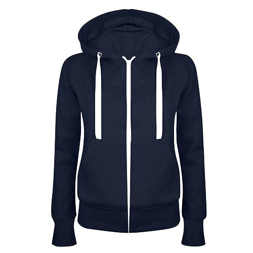 Generisch Sweatjacke Damen mit Kapuze Full Zip Baumwoll Hoodie Sweatshirt Jacke Elegant Einfarbig Kapuzenjacke Winter Übergangsjacke Sport Style College Jacke Leicht Trainingsjacke,Dunkelblau,XXL von Generisch