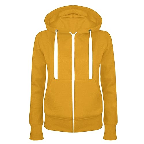 Generisch Sweatjacke Damen mit Kapuze Full Zip Baumwoll Hoodie Sweatshirt Jacke Elegant Einfarbig Kapuzenjacke Winter Übergangsjacke Sport Style College Jacke Leicht Trainingsjacke,Gelb,L von Generisch