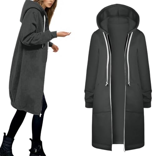 Generisch Sweatjacke Damen mit Kapuze Lang Übergangsjacke Herbst Elegant Jacke Baumwolle Kapuzenjacke mit Reißverschluss Hoodie Jacke Herbstjacke von Generisch