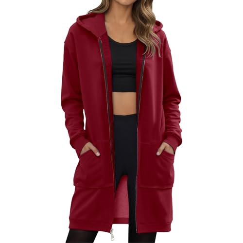 Generisch Sweatjacke Damen mit Kapuze Reißverschluss Sweatjacke Damen Lang mit Taschen und Kordelzug Sport Oversize Hoodie Kapuzenjacke Softshell Herbst Fleecejacke Winterjacke von Generisch