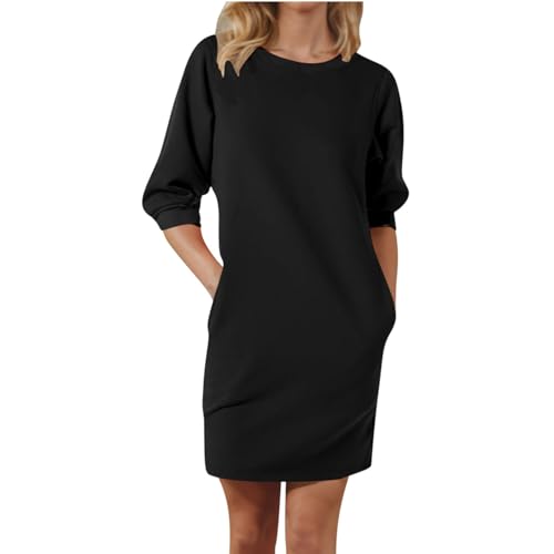 Generisch Sweatkleid Damen Dreiviertel Ärmel Ohne Kapuze Kleider Damen Kurz mit Taschen Kleid Frauen Elegant Rundhals Locker Frühlingskleid Einfarbig Sweatshirt Freizeitkleider Blusenkleid von Generisch