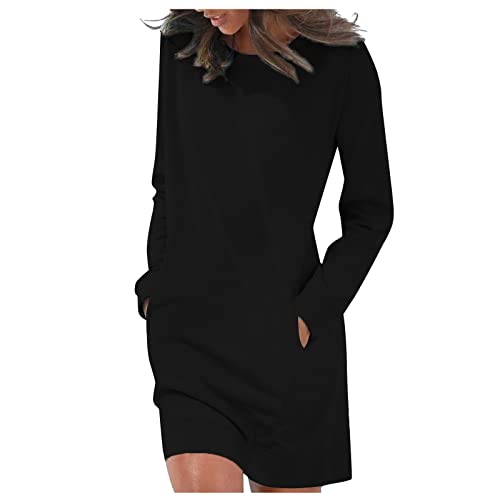 Generisch Damenkleid Winter Langarm Elegant Blusenkleid Damen Winter Langarm Damenkleider Leicht Mit Taschen Herbstkleid Kurz Rundhalsausschnitt Sweatkleid Einfarbig Schwarz XL von Generisch