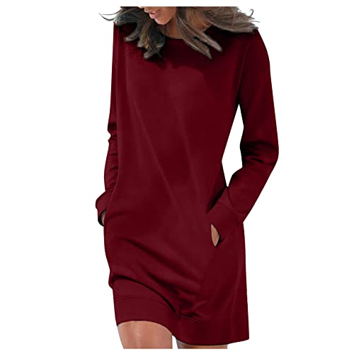 Generisch Damen Sweatkleid Langarm Ohne Kapuze Winter Elegant Blusenkleid Damen Winter Langarm Damenkleider Leicht Mit Taschen Herbstkleid Kurz Rundhalsausschnitt Sweatkleid Einfarbig von Generisch
