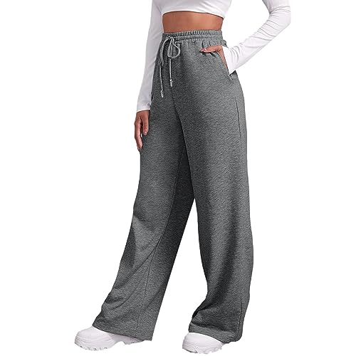 Generisch Sweatpants Damen, Joggoinghosen Damen - Weite Sporthosen Lang Hosen Baggy Jogginghose High Waist Freizeithosen Sweathose Mit Taschen, Grau, S von Generisch