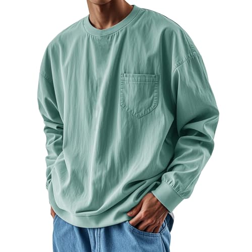 Generisch Sweatpullover Herren Ohne Kapuze Sweatshirt Herren Baumwolle Langarm Einfarbig Sweater Minimalist Streetwear Mit Brusttasche Sportswear Oversized Sportoberteil Herbst Winter Thermohemd von Generisch