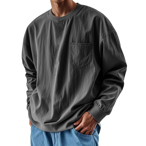 Generisch Sweatpullover Herren Ohne Kapuze Sweatshirt Herren Baumwolle Langarm Einfarbig Sweater Minimalist Streetwear Mit Brusttasche Sportswear Oversized Sportoberteil Herbst Winter Thermohemd von Generisch