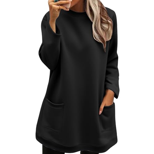 Generisch Sweatshirt Damen Ohne Kapuze Pulli Einfarbig Sweater Rundhalsausschnitt Sweatshirt mit Taschen Longpullover Locker Kuscheliger Sweat Damenpullover Longsleeve Oberteile von Generisch