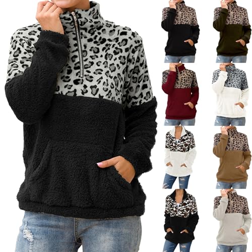 Generisch Sweatshirt Damen Oversized, Leopard Fleecepullover Mit Halbem Reißverschluss, Casual Stehkragen Pullover, Langarm Winterpullover, Fleece Langarmshirt, Warm Lockeres Oberteil Ohne Kapuze von Generisch