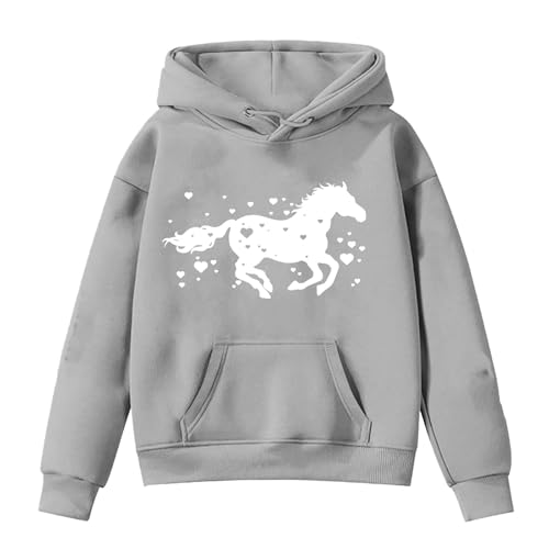 Generisch Sweatshirt Mädchen Langarm-Kapuzenpullover mit Pferde-Print für Kinder Pullis 152 (Grey, 12-13 Years) von Generisch