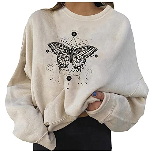 Generisch Sweatshirt Pullover Damen Oversize Schmetterling Aufdruck Langarmshirt Rundhalsausschnitt Sweatjacke Damen Ohne Kapuze Lässig Mädchen Locker Oberteile(Beige, XXL) von Generisch