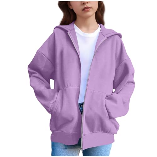 Generisch Sweatshirt für Mädchen Einfarbig Herbst Outfit Rundhals Kinder Kapuzenpullover Lässig Teenager Kinderkleidung Leichtgewicht Mädchen Hoodie mit Reißverschluss und Tasche Lila 140 von Generisch