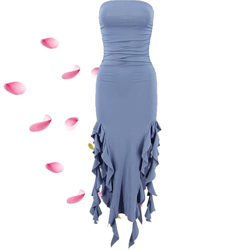 Generisch Sweetina Ruched Asymmetrical Hem Tube Dress, Sweetina Ruffle Trim Ruched Asymmetrical Hem Tube Ruffle Dress (Blue,S) von Generisch