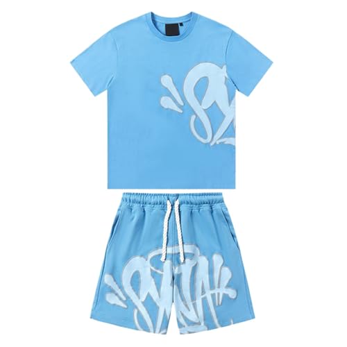 Syna World T Shirt und Shorts Sommer 2-Teiliges Set Outfit Trainingsanzug Freizeitanzug Jogginganzug Herren Y2K Hip Hop Leicht Streetwear Tracksuit für Jeden Tag Light Blue M von Generisch