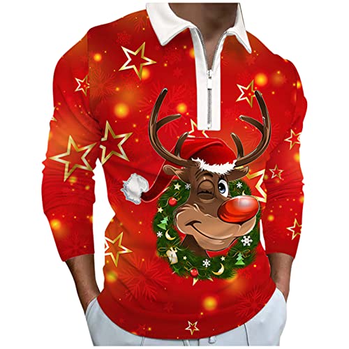 Generisch T Shirt Herren,-Weihnachtshemden Casual Print Langarm Zipper Revers Tops Bluse Weihnachts Tshirt Herren Lustig Familien Outfit Weihnachten Leuchtende Jacke Tshirt Sweater (3XL, Rot) von Generisch