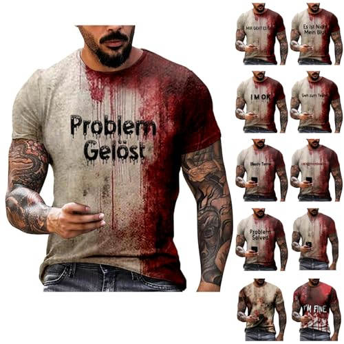 Generisch T Shirts Männer, Problem Gelöst Halloween T-Shirt Herren Casual Rundhalsausschnitt Blutspritzer Muster Top Shirt (L, Red) von Generisch