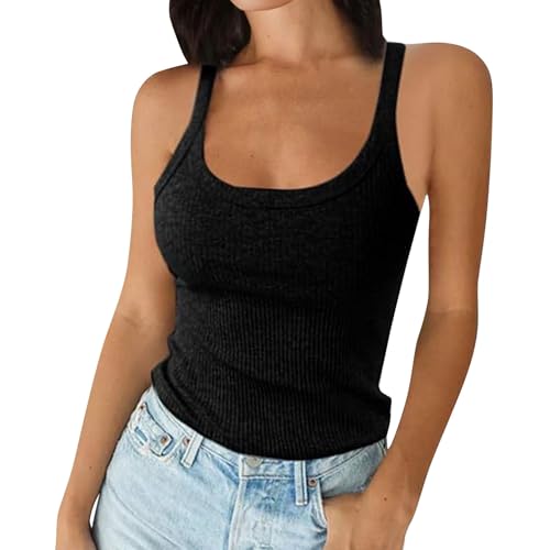 Generisch Tank Top Damen Sommer Sexy Spaghetti Top Ärmellos Gerippt U-Ausschnitt Tanktops Basic Einfarbig Camisole Slim Fit Stretch Top Schwarz XL von Generisch
