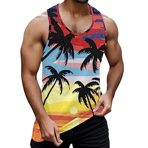 Generisch Tank Top Set Herren Männlicher Sommer-Strand-Hawaii- Bedruckte Tanktops I-förmige ärmellose Weste mit Rundhalsausschnitt Luftige Tops Herren (Yellow, L) von Generisch