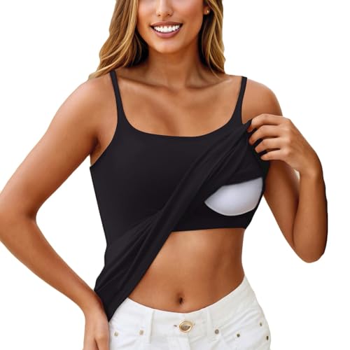 Generisch Tank top mit integriertem BH longtops Damen lang BH Hemd Damen mit Cups Tanktops Frauen trägertop cami top Sport Tops Schwarz 6XL von Generisch