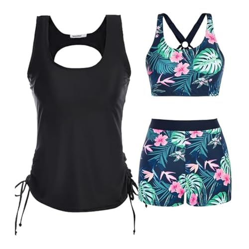 Generisch Tankini Damen Bauchweg 3-Teiliger Badeanzug Blumen Drucken Bademode Push Up Bikini Set High Waist Tankinis Sommer Badeanzüge Sport Bikinioberteile Und Badeshorts Strand(#10-02, M) von Generisch