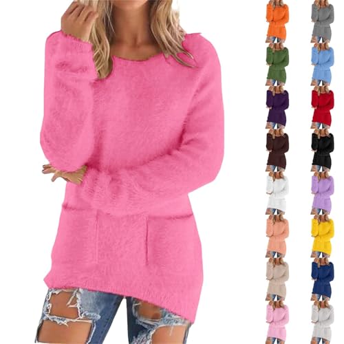 Generisch Teddy Fleece Pullover Damen, Fleecepullover Mit 2 Taschen, Fleece Flauschig Pulli, Rundhalsausschnitt Warm Fleecepulli, Oversize Einfarbig Langarmshirt, Lang Sweatshirt Ohne Kapuze von Generisch