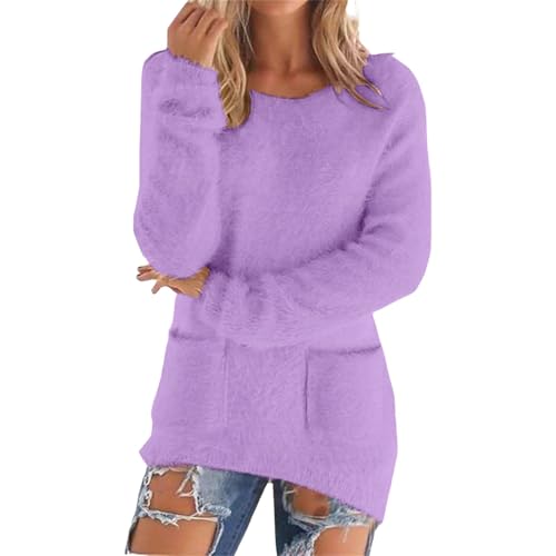 Generisch Teddy Fleece Pullover Damen, Fleecepullover Mit 2 Taschen, Fleece Flauschig Pulli, Rundhalsausschnitt Warm Fleecepulli, Oversize Einfarbig Langarmshirt, Lang Sweatshirt Ohne Kapuze von Generisch