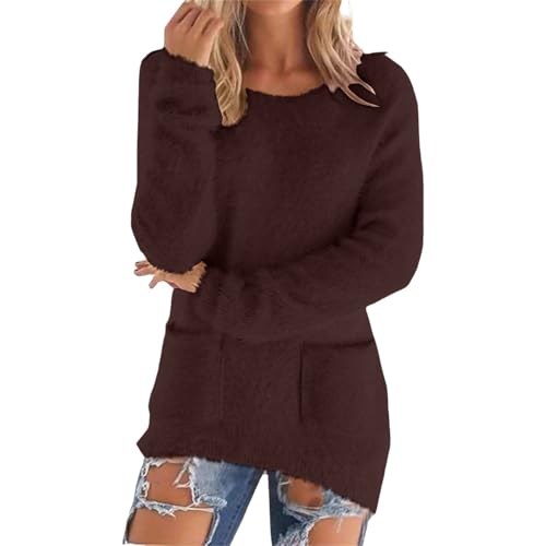 Generisch Teddy Fleece Pullover Damen Oversize Einfarbig Langarm Plüschpullover Rundhalsausschnitt Warme Flauschiger Pullis Lose Stitching Strick Sweatshirts Casual Elegante Longpullover von Generisch