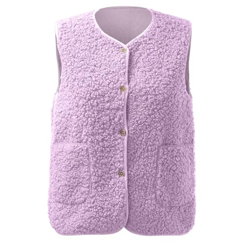 Generisch Teddy Fleece Weste Damen Ärmellos Fleecejacke Kurz V-Ausschnitt Teddyfleece Jacke Locker Komfortabel Weste Winter Warm Teddyweste Outdoor Winterjacke Plüschweste Damen Übergangsjacke Lila S von Generisch