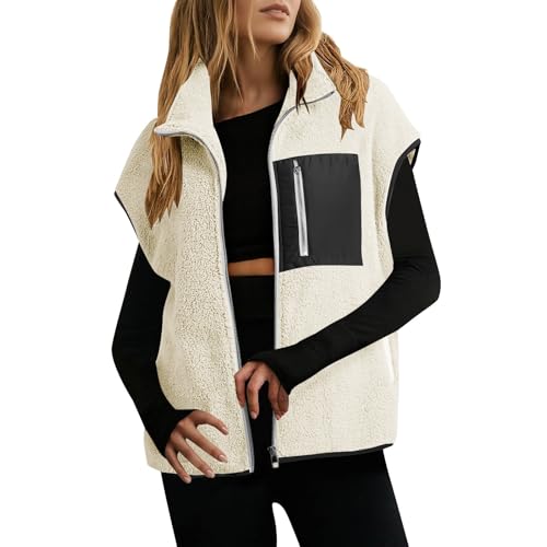 Generisch Teddy Fleece Weste Damen Ärmellos Fleecejacke Revers Teddyfleece Jacke Leicht Casual Damenweste Locker Outdoor Winterjacke Zipper Freizeitweste Modetrend Übergangsjacke Plüschweste von Generisch