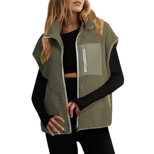 Generisch Teddy Fleece Weste Damen Ärmellos Fleecejacke Revers Teddyfleece Jacke Leicht Casual Damenweste Locker Outdoor Winterjacke Zipper Freizeitweste Modetrend Übergangsjacke Plüschweste von Generisch