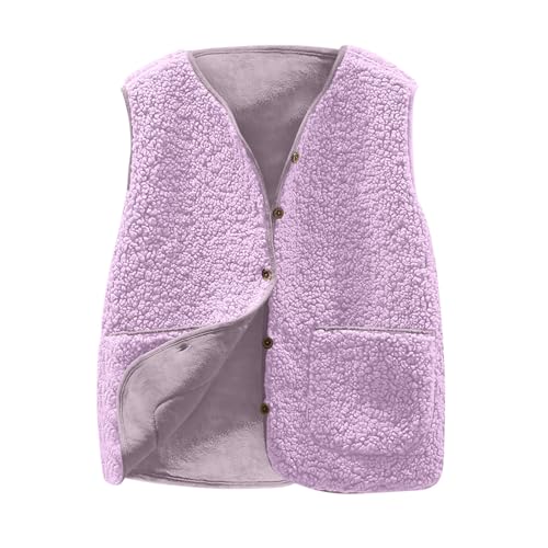 Generisch Teddy Fleece Weste Damen Herbst Winter Warm Ärmellos Jacke Casual Lose Bequem Einfarbig Plüsch Weste Kurz Jacke Fleeceweste Plüschweste Outwear Westen mit Knöpfen und Taschen Purple,XL von Generisch