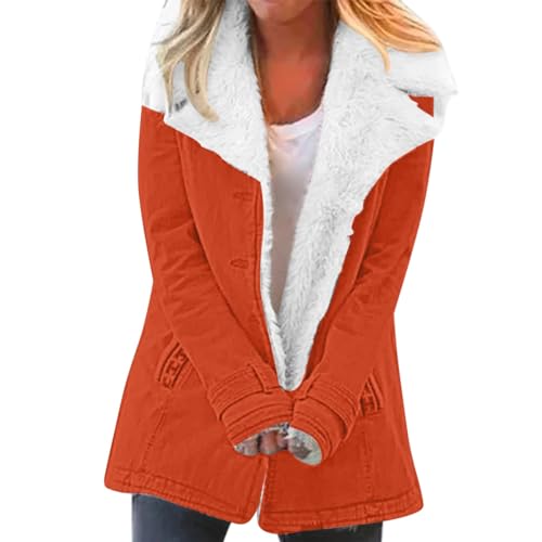 Generisch Teddy Fleecejacke Damen mit Kapuze Winter Warm Weich und bequem Sweatjacke Flanell Kapuzenpullover Teddyjacke Reißverschlüsse Sweatjacke Kurzmantel Winterjacke mit Taschen (Orange, L) von Generisch