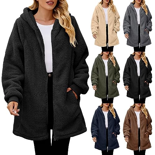 Generisch Teddy Jacke Damen, Fleecejacke Damen Teddyjacke Warm Elegant Kapuzenpullover Wintermantel Kuscheljacke Outdoor Mantel Herbstjacke Winterjacke Mit Taschen von Generisch