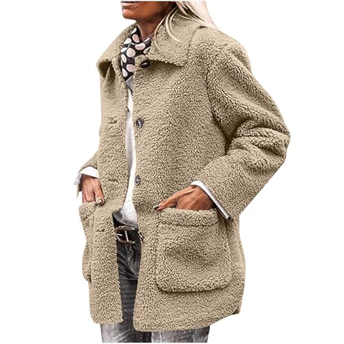 Generisch Teddy Jacke Damen Lang Fleecejacke Elegant Winterjacke Mit Taschen Wintermantel Mit Knöpfen Plüschjacke Einfarbig Plüschmantel Winddicht Übergangsjacke Winter Damenjacken Langarm Casual von Generisch