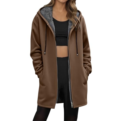 Generisch Teddy Mantel Damen - Fleecejacke Damen Lang Gefütterte Übergangsmantel mit Kapuze Teddyfleece Jacke Sweatjacke Warme Hoodie Jacke Kapuzenjacke mit Reißverschluss Fleecepullover Winterjacke von Generisch