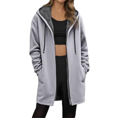 Generisch Teddy Mantel Damen - Fleecejacke Damen Lang Gefütterte Übergangsmantel mit Kapuze Teddyfleece Jacke Sweatjacke Warme Hoodie Jacke Kapuzenjacke mit Reißverschluss Fleecepullover Winterjacke von Generisch