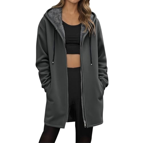Generisch Teddy Mantel Damen - Fleecejacke Damen Lang Gefütterte Übergangsmantel mit Kapuze Teddyfleece Jacke Sweatjacke Warme Hoodie Jacke Kapuzenjacke mit Reißverschluss Fleecepullover Winterjacke von Generisch