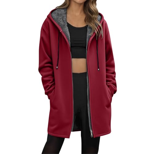 Generisch Teddy Mantel Damen - Fleecejacke Damen Lang Gefütterte Übergangsmantel mit Kapuze Teddyfleece Jacke Sweatjacke Warme Hoodie Jacke Kapuzenjacke mit Reißverschluss Fleecepullover Winterjacke von Generisch