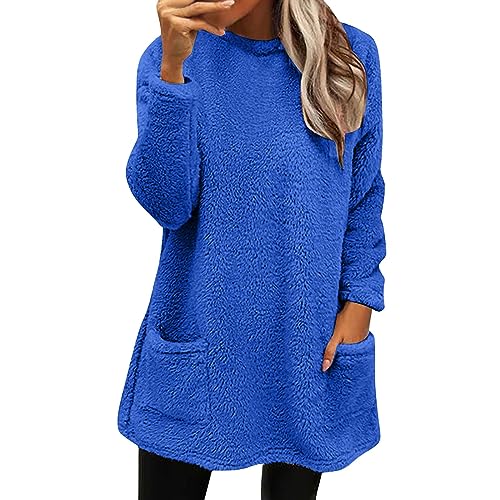 Generisch Pullover Damen Teddy Warmer Lang Fleecepullover Langarm Flauschig Pulli Winter Fleece Gefütterte Sweatshirts Ohne Kapuze Oversize Casual Warme Rundhals Tops Lockeres Oberteile mit Taschen von Generisch