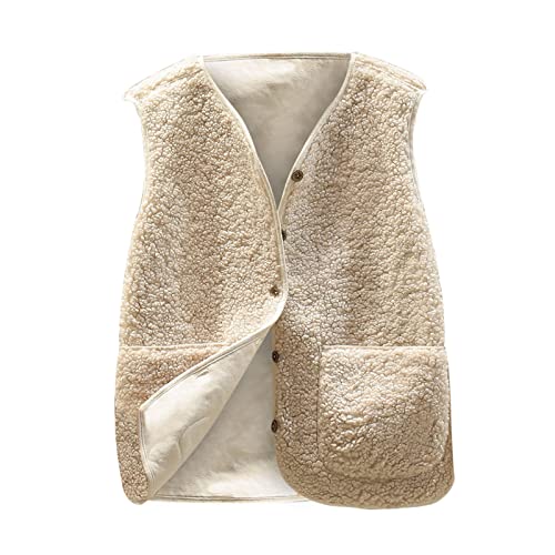 Generisch Teddy Weste Damen V-Ausschnitt Übergangsjacke Damen Warme Fleece Weste Ärmellos Winterjacke mit Knopfleiste Leichte Teddyjacke Freizeit Thermojacke Teddyfleece Jacke mit Taschen von Generisch