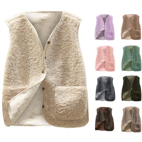 Generisch Teddy Weste Damen Winter Warmer Fleecejacke Ärmellos Leicht Teddyweste Damen-Westen Einfarbig V-Ausschnitt Fleeceweste Teddy Jacke Sherpa Weste Plüschweste Discounter Beige L von Generisch