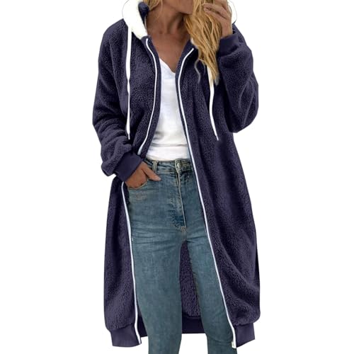 Generisch Teddyfell Jacke Damen mit Kapuze Flauschig Langarm Wintermantel Lässige Kapuzenpullover Mantel Weich und bequem Flanell Pullover Damen Teddy Fleecepullover (Dark Blue, XXL) von Generisch