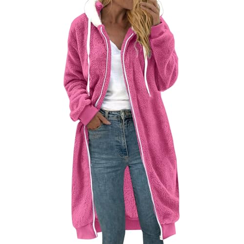 Generisch Teddyfell Jacke Damen mit Kapuze Flauschig Langarm Wintermantel Lässige Kapuzenpullover Mantel Weich und bequem Flanell Pullover Damen Teddy Fleecepullover (Hot Pink, M) von Generisch