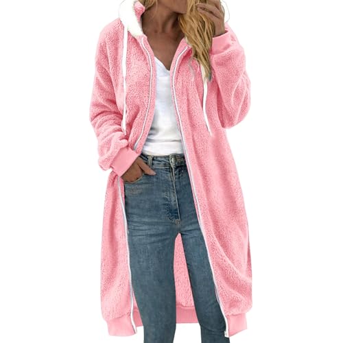 Generisch Teddyfell Jacke Damen mit Kapuze Flauschig Langarm Wintermantel Lässige Kapuzenpullover Mantel Weich und bequem Flanell Pullover Damen Teddy Fleecepullover (Pink, L) von Generisch